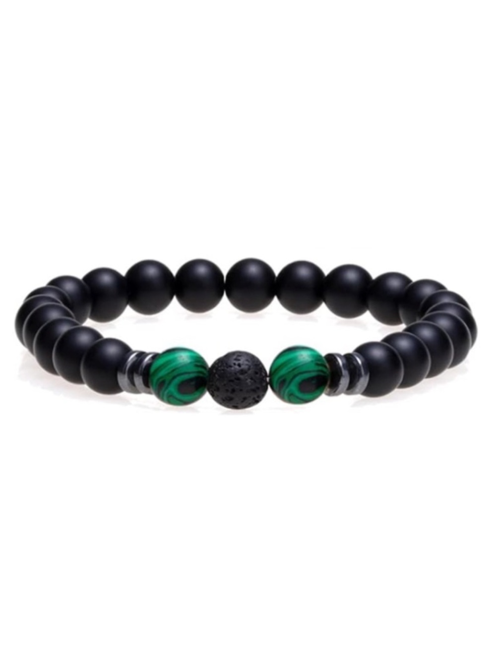 Black Matte Beaded Bracelet w/ Green Malachite Style Beads & Lava Stone